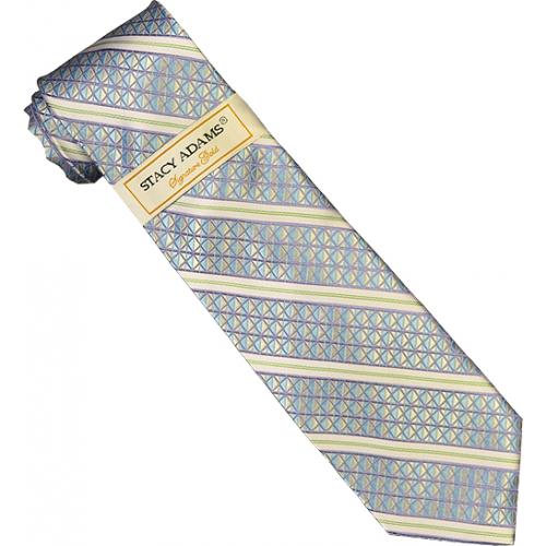 Stacy Adams Collection SA082 Sky Blue / White / Lavender / Green Diagonal Rectangular Striped 100% Woven Silk Necktie/Hanky Set